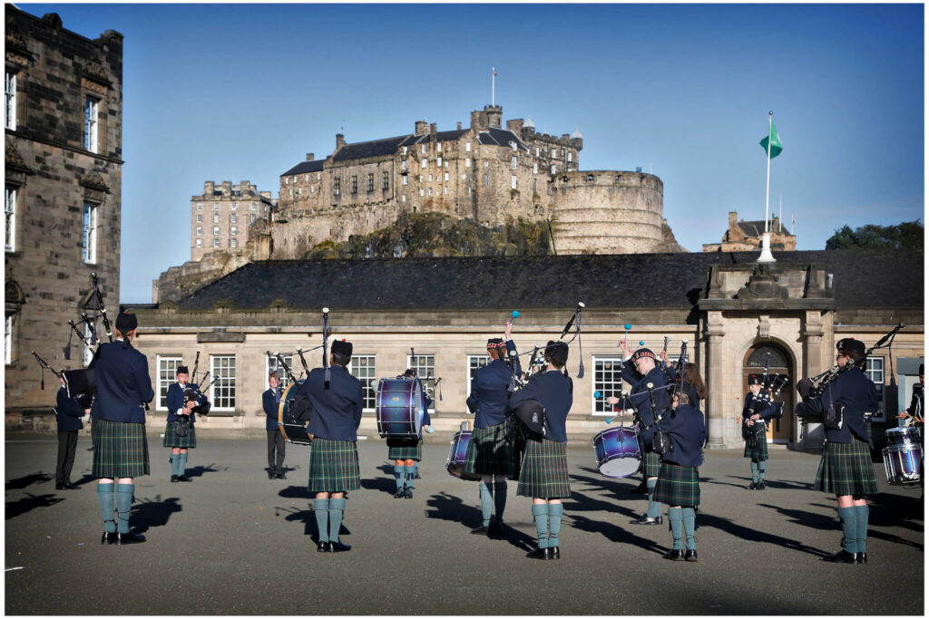 Pipers in the shadow of Edinburgh Castle