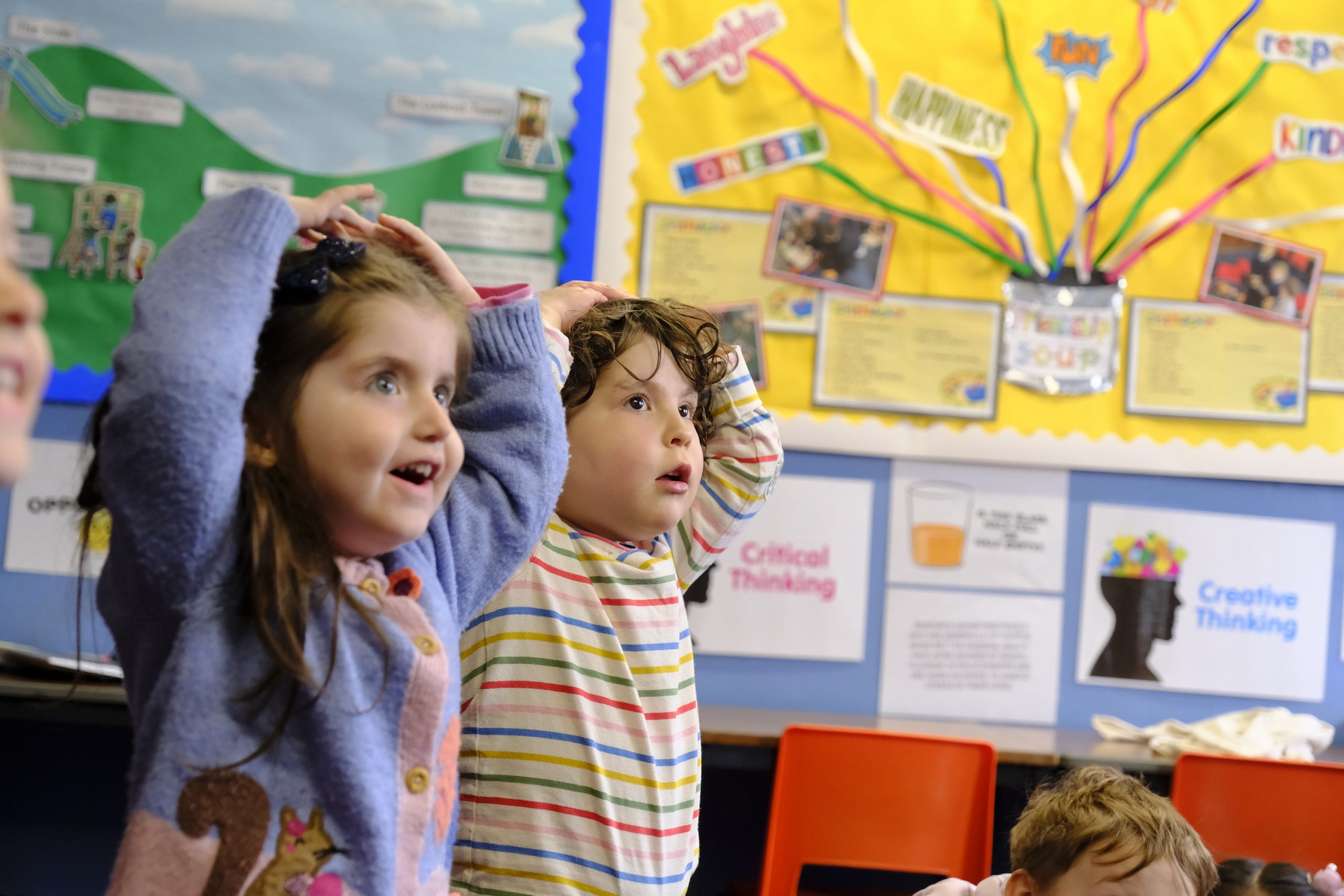 2 children with their hands on their heads