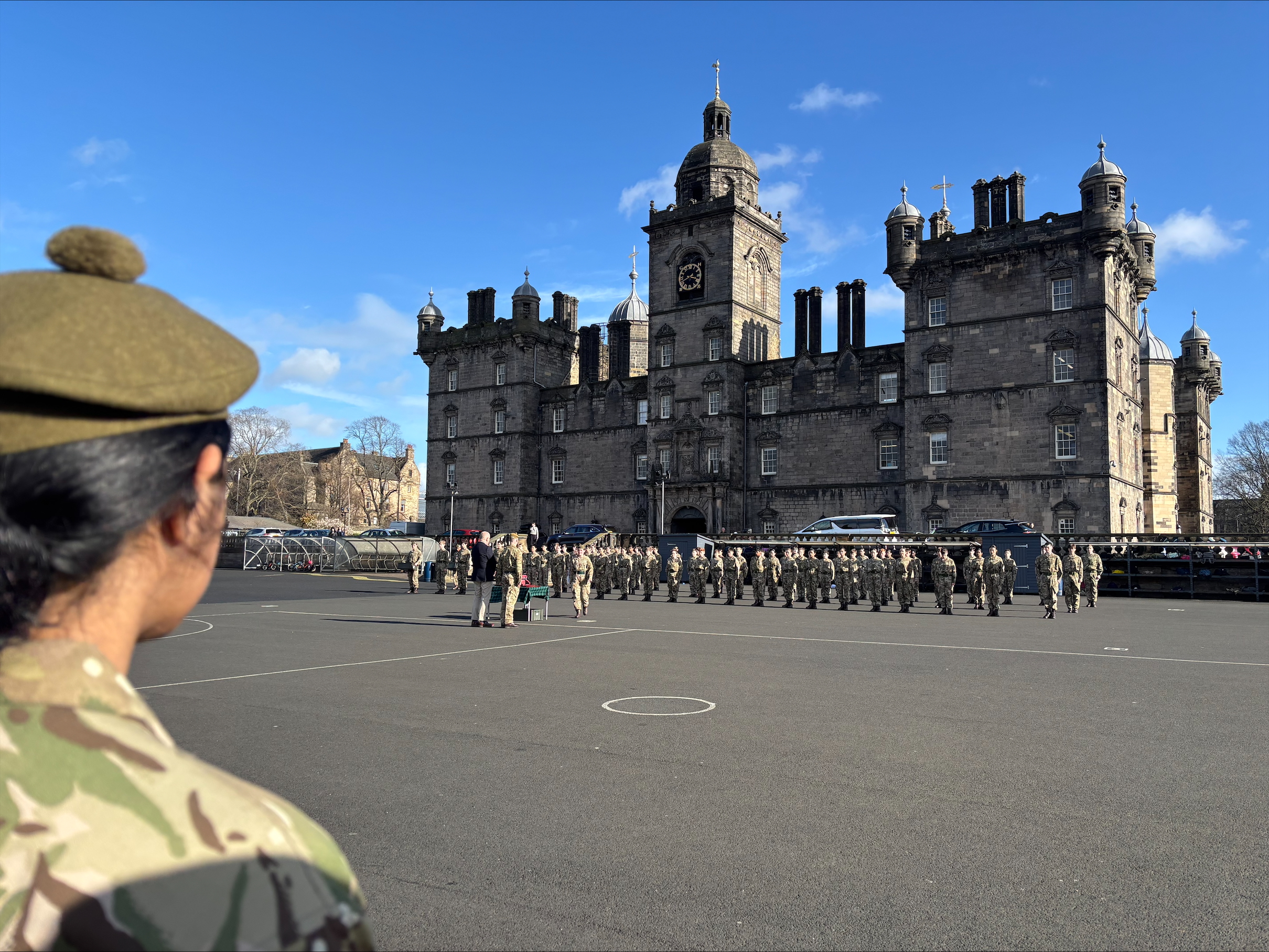 the side of a CCF cadet looking at George Heriot's School building